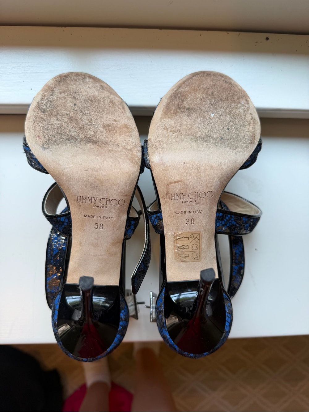 Jimmy Choo Blue, Black and Gold Print Strappy Heels - Picture 3 of 4